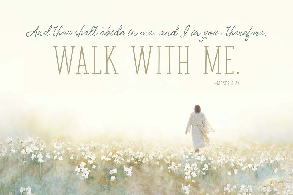 Jesus Christ walking in a field of flowers.