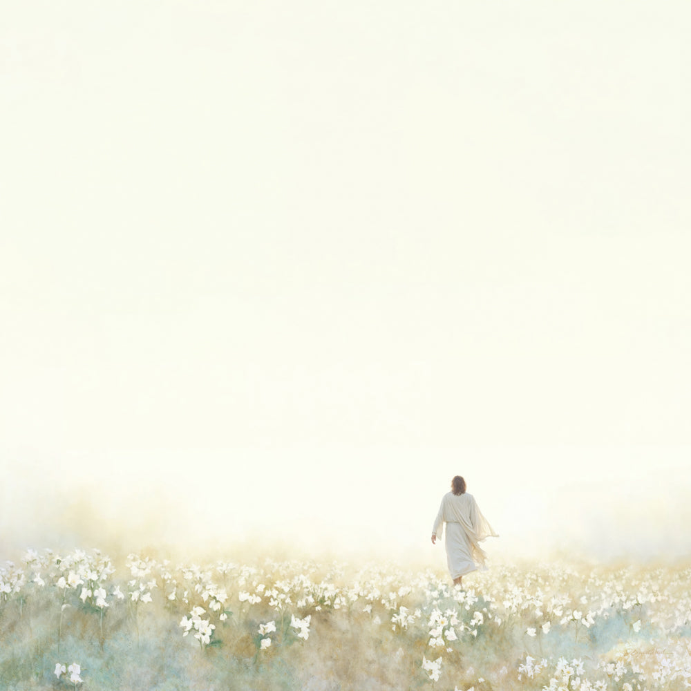 Jesus Christ walking in a field of flowers.