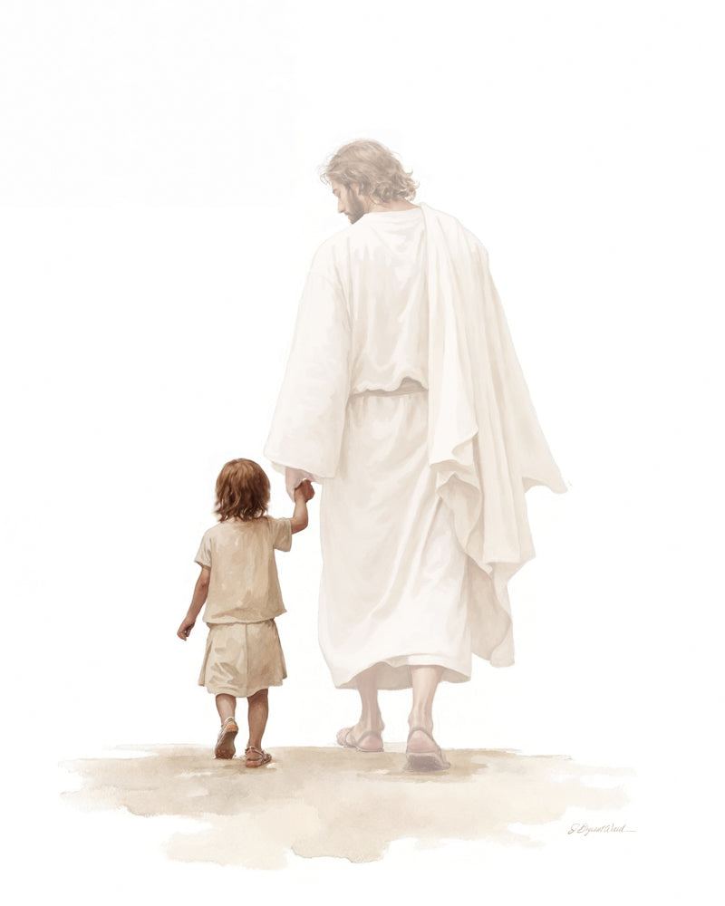Jesus Christ and a child walking while holding hands.