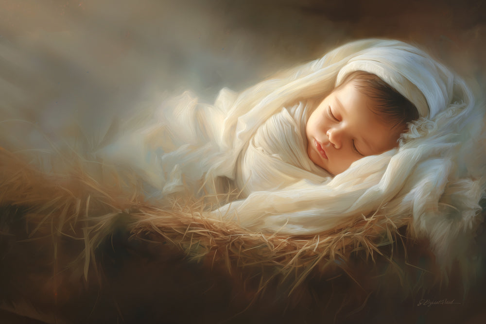 Picture of the infant Christ sleeping peacefully wrapped in soft white cloths, resting on a bed of golden straw, softly lit with warm glowing light