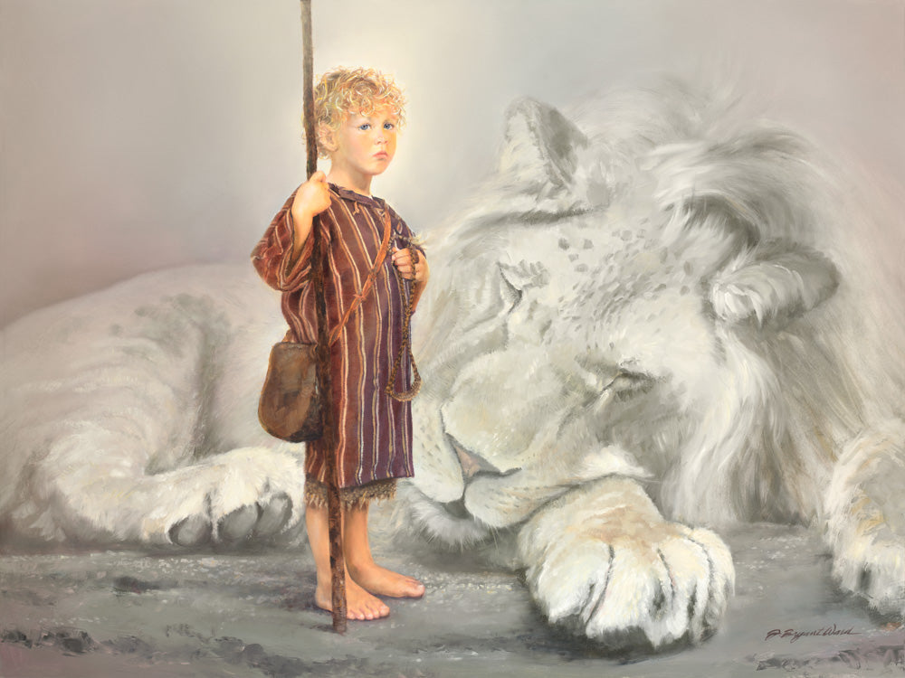 Boy David with spear standing by slain white Lion