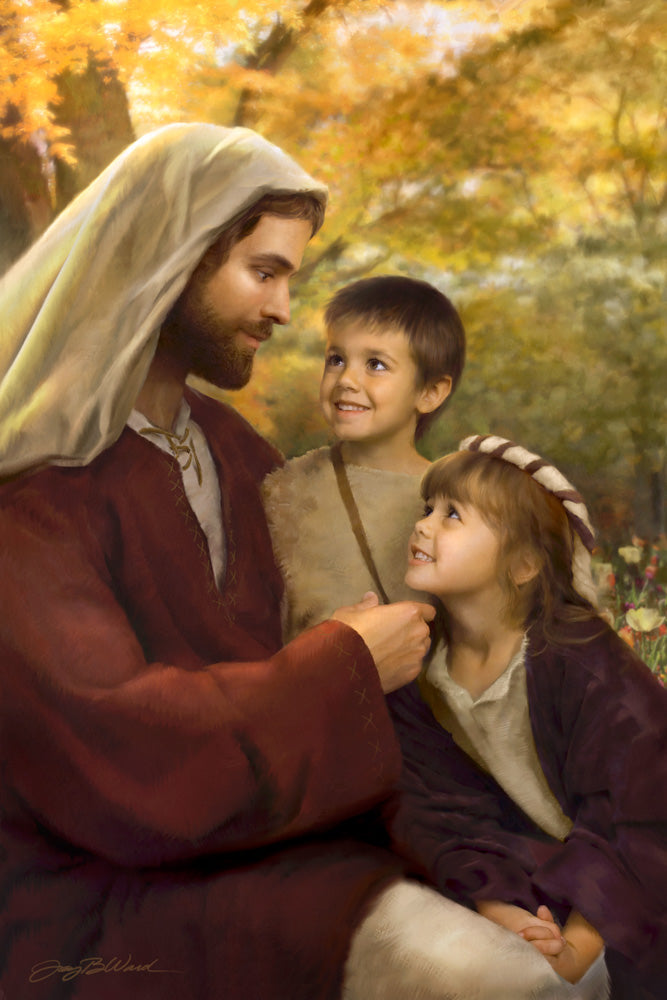 Jesus sits with boy and girl and reaches out to cradel her chin