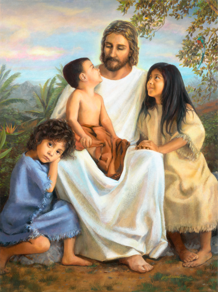 Jesus dressed in white flanked by two young girls and a small boy sits on his lap