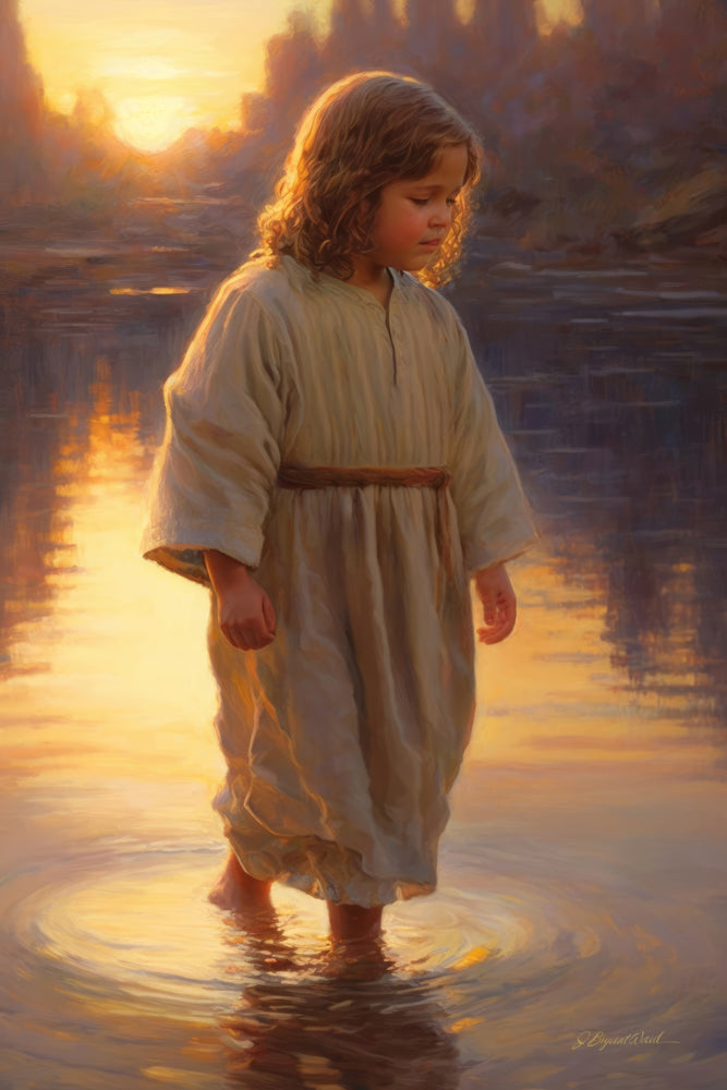 Jesus Christ as a little child, walking in water.